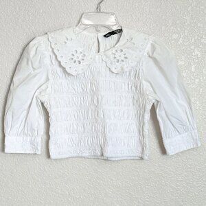 Zara Coquette Cottagecore Top Women’s Small Embroidered Bib Collar Puff Sleeves